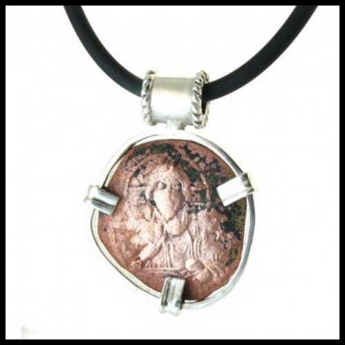 CHRIST IMAGE ON 1,000 YEAR OLD COIN: Measures: 1.5" Tall x 1.2" Wide. Metal: Sterling Silver Frame. This ancient coin pendant features a bronze "follis", the common coin used by the general population in the Byzantine Empire for their da