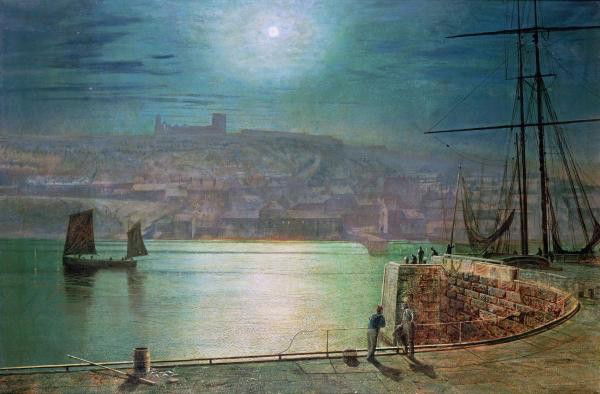 Large - JOHN ATKINSON GRIMSHAW "WHITBY HARBOUR B: This Is A JOHN ATKINSON GRIMSHAW Giclee on Canvas Titled "WHITBY HARBOUR BY MOONLIGHT" Measuring - 44 x 28 7/8 in. This Giclée is high-resolution and of the highest quality, has a color permanence ra