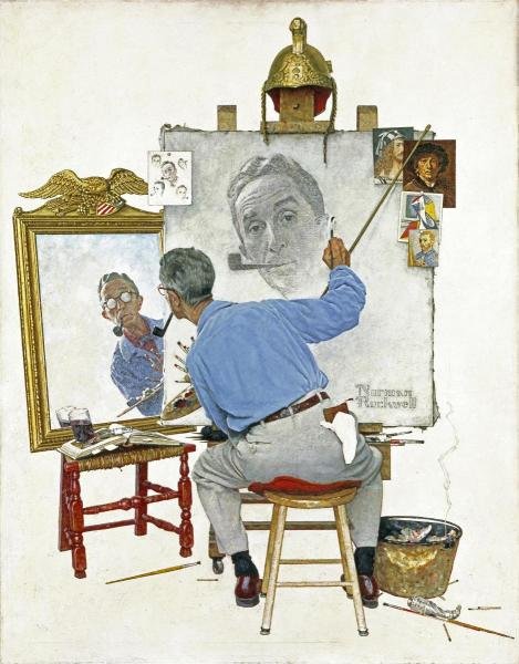 ROCKWELL "TRIPLE SELF PORTRAIT" ON CANVAS: NORMAN ROCKWELL"TRIPLE SELF PORTRAIT" 23 1/2 x 30 in. This Giclée on Canvas is high-resolution and of the highest quality, has a color permanence rating in excess of 100 years. Printed on Canvas, thi