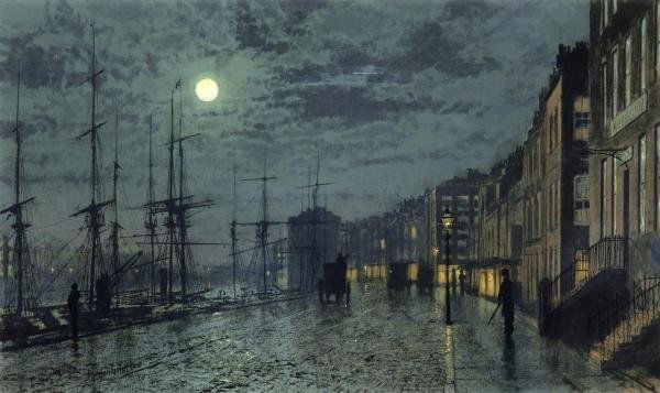 JOHN ATKINSON GRIMSHAW "CITY DOCKS BY MOONLIGHT": JOHN ATKINSON GRIMSHAW"CITY DOCKS BY MOONLIGHT"30 x 17 7/8 in. Printed on CANVAS This Giclée is high-resolution and of the highest quality, has a color permanence rating in excess of 100 years. Print