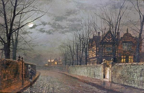 JOHN ATKINSON GRIMSHAW "OLD ENGLISH HOUSE, MOONL: This Is A JOHN ATKINSON GRIMSHAW Giclee on Canvas Titled "OLD ENGLISH HOUSE, MOONLIGHT AFTER RAIN" Measuring - 44 x 28 1/2 in. Printed on CANVAS This Giclée is high-resolution and of the highest qual