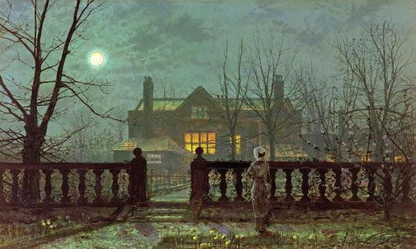 JOHN ATKINSON GRIMSHAW "LADY IN A GARDEN BY MOON: JOHN ATKINSON GRIMSHAW"LADY IN A GARDEN BY MOONLIGHT"30 x 18 in. Printed on CANVAS This Giclée is high-resolution and of the highest quality, has a color permanence rating in excess of 100 years. Pri