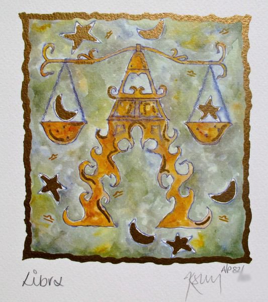 Kelly Jane LIBRA Hand Signed Limited Ed. Lithogra: This is a limited edition hand signed lithograph by Kelly Jane titled "LIBRA".Medium: Photo Lithography on Feltmark Paper with Gold Leaf accents. Signed and Numbered by the artist. This piece is numbe