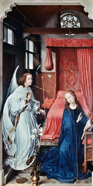 ROGIER VAN DER WEYDEN "ANNUNCIATION 1": ROGIER VAN DER WEYDEN"ANNUNCIATION 1"15 x 30 in. This Giclée is high-resolution and of the highest quality, has a color permanence rating in excess of 100 years. Printed on Canvas, this beautiful pie