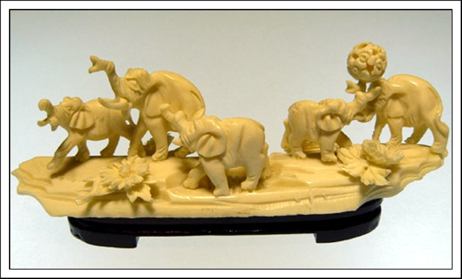 BONE ELEPHANTS JUNGLE: This Elephants Jungle Is Made From Real Bone. All Natural And All Hand Carved From Real Bone. It Is Not Real Bone Powder, Resin Or Molded. Very Detailed Carving. - Long: 6", Wide: 2", High: 3"