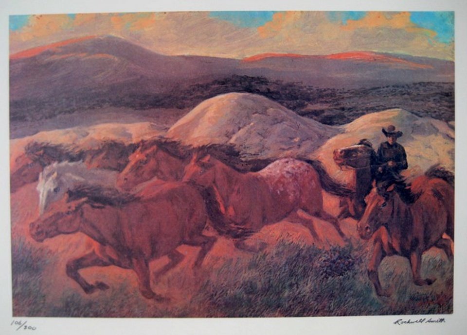 ROCKWELL SMITH THE MUSTANGS HAND SIGNED LIMITED E: Hand Signed Lithograph By Rockwell Smith Titled "The Mustangs" (1979). Numbered From A Limited Edition Of 300. Hand Signed By The Artist. Image Measures 15 3/4" X 23". Paper Measures 19 3/4" X 27". In