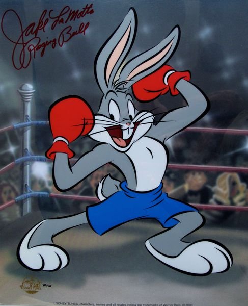 WARNER BROS BUGS BUNNY BOXING LARGE ANIMATION HAN: Limited Edition Sericel Of Warner Bros Looney Tunes Titled "Bugs Bunny Boxing Champion". This Fantastic Animation Is Hand Signed By Champion Boxer Jake Lamotta. This Cel Measures 16.5" By 13.5", Comes