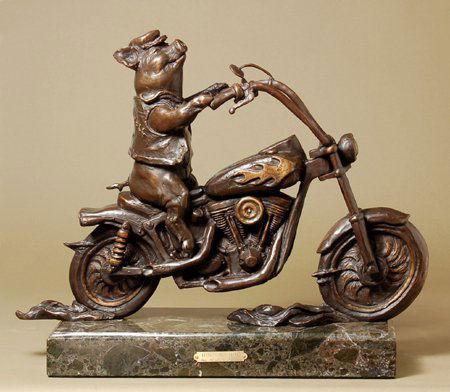"Hog n Hog" by Bradley Lorang: "Hog n Hog" by Bradley Lorang - There simply is no better bronze for the lover of big bikes than this whimsical piece by noted sculptor of whimsical themes, Bradley Lorang. Perched atop a Harley with