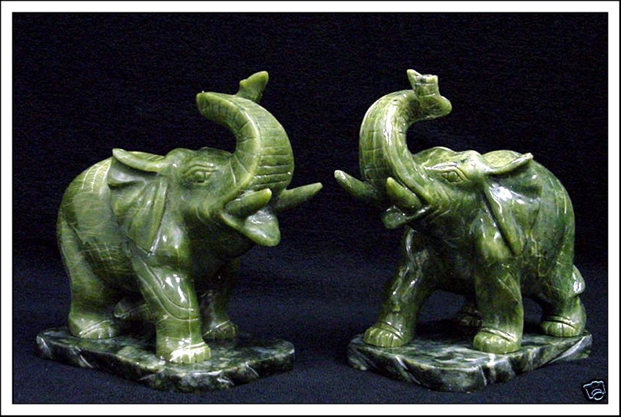 PAIR OF REAL JADE ELEPHANTS: This Pair Of Elephants Are Made Of Real Jade. It Comes With Jade Bases. - L: 3", W: 2", H: 3".