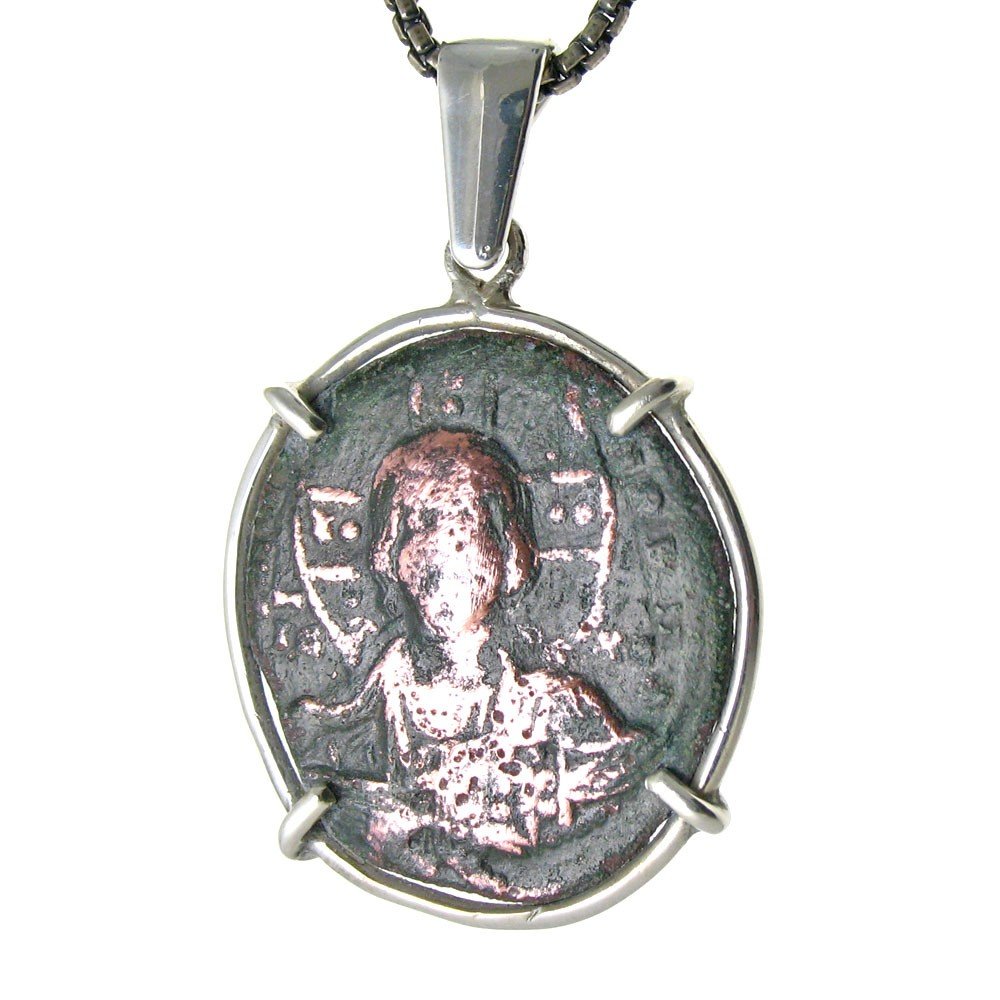 CHRIST IMAGE ON 1,000 YEAR OLD COIN: This Ancient Coin Pendant Features A Bronze "Follis", The Common Coin Used By The General Population In The Byzantine Empire For Their Daily Purchases. Minted From 400-1000 A.D., This Coin Features Th