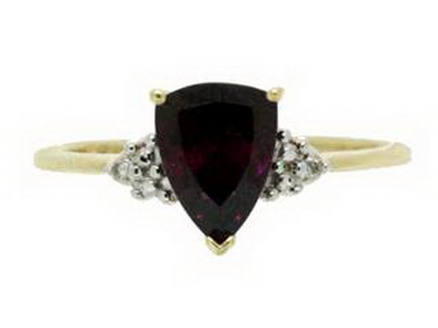 GARNET RING: The 7Mm Prong Set Deep Red Garnet Is A Modified Pear Shape. Set In A 10 Karat Yellow Gold Ring With An Accent Diamond On Each Side, Ladies Ring Is A Classic Look With An Interesting Shape