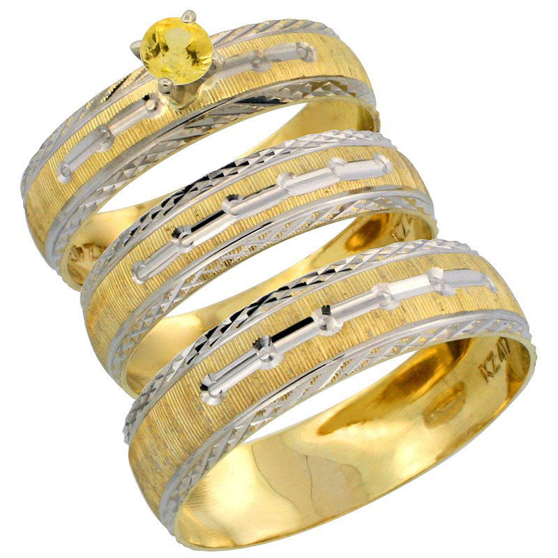 10K GOLD 3-PIECE TRIO: 10K Gold 3-Piece Trio His (5.5Mm) & Hers (4.5Mm) 0.25 Carat Yellow Sapphire Wedding Ring Band Set W/ Rhodium Accent (Available In Ladies Sizes 5 To10 & Men'S Sizes 8 To 14)