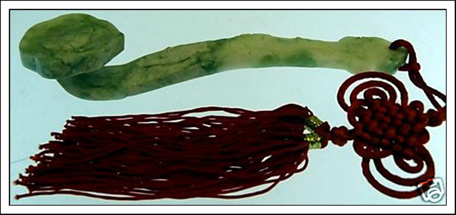 REAL JADE LUCKY STICK - YUYI: This Is A Jade Lucky Stick, Also Called Yuyi. It Is Hand Carved From One Solid Piece Of Jade. It Appears Light Green And Dark Green. It Is Believed To Bring You Good Luck. - Wide: 6", Deep: 1", High:
