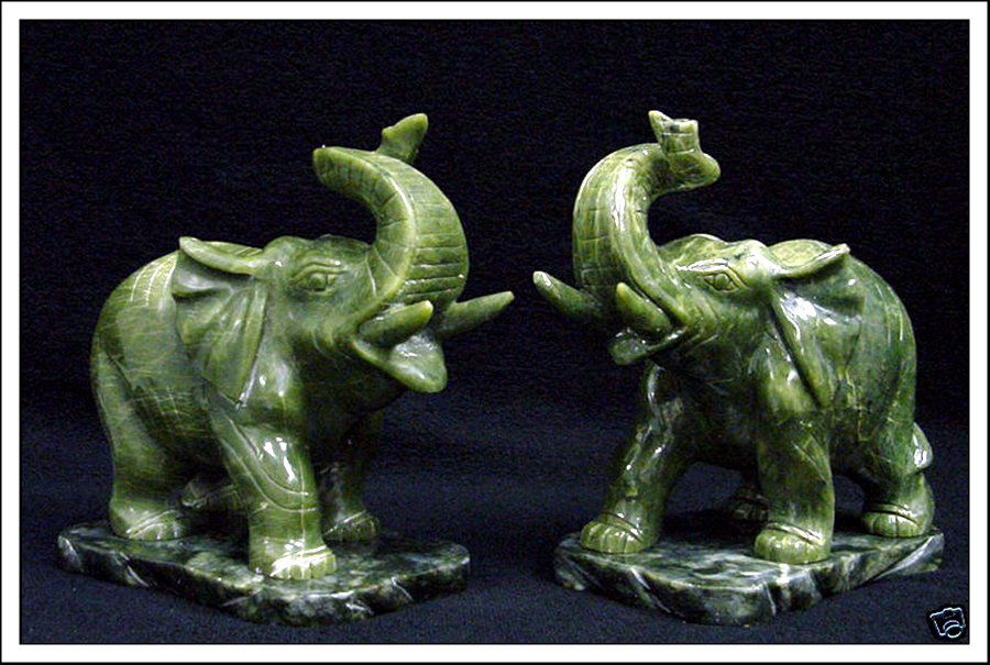 PAIR OF REAL JADE ELEPHANTS: This Pair Of Elephants Are Made Of Real Jade. It Comes With Jade Bases. - L: 3", W: 2", H: 3".
