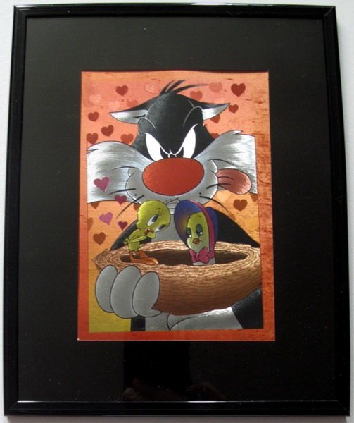 LOONEY TUNES SYLVESTER THE CAT & TWEETY FRAMED FO: This Is A Warner Bros Looney Tunes Framed Foil Art Of Sylvester & Tweety Bird. This Fantastic Animation Features Sylvester And Tweety As They Appeared In The 1970'S Cartoons. This Beautifully Framed A