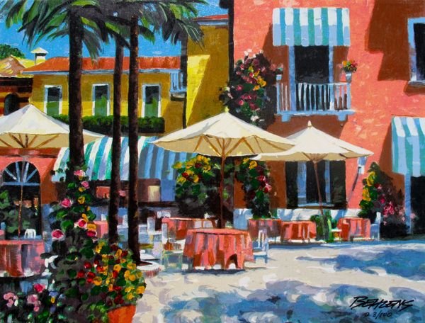 HOWARD BEHRENS INN AT LAKE GARDA LIMITED ED. HAND: This Is A Limited Edition Original Hand Signed, Hand Embellished Serigraph On Canvas By Howard Behrens Titled “Inn At Lake Garda”. This Serigraph Is Hand Signed And Hand Embellished By Howard Behr