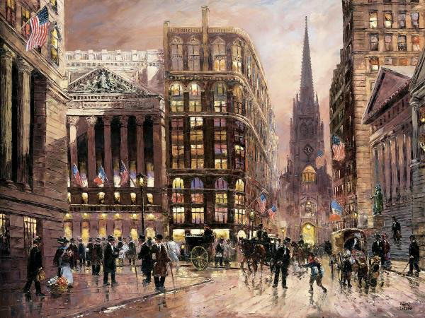 ROBERT LEBRON "WALL STREET 1890": Robert Lebron"Wall Street 1890"48 X 36 In. This Giclée Is High-Resolution And Of The Highest Quality, Has A Color Permanence Rating In Excess Of 100 Years. Printed On Canvas, This Beautiful Piece Of