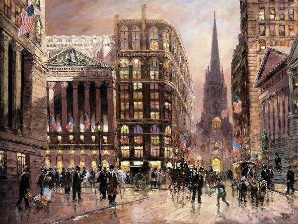 ROBERT LEBRON "WALL STREET 1890": Robert Lebron"Wall Street 1890"48 X 36 In. This Giclée Is High-Resolution And Of The Highest Quality, Has A Color Permanence Rating In Excess Of 100 Years. Printed On Canvas, This Beautiful Piece Of