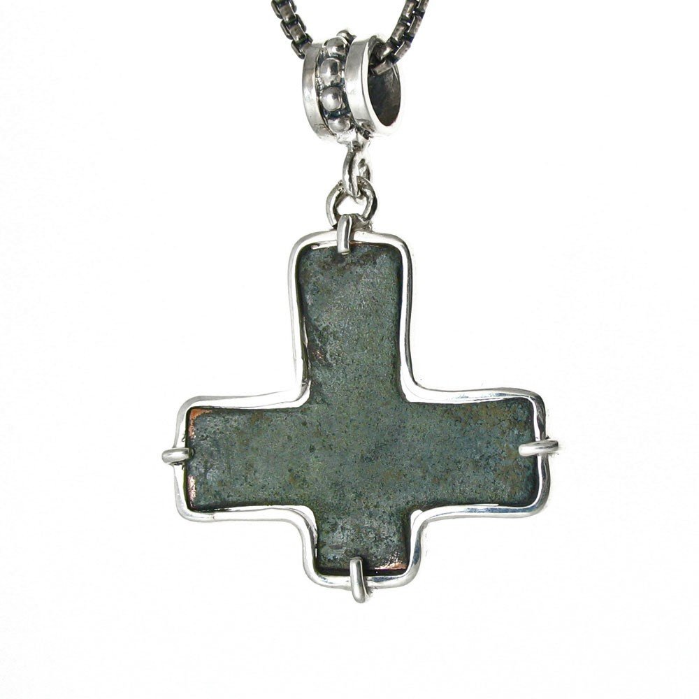 BYZANTINE CROSS, 8TH CENTURY: A Wonderful Natural Green Patina Highlights This Byazntine Cross Found With Other Artifacts That Date To The 8Th Century. An Unusual Design With Shortened Crossbar, Our Jeweler Has Designed A Custom S