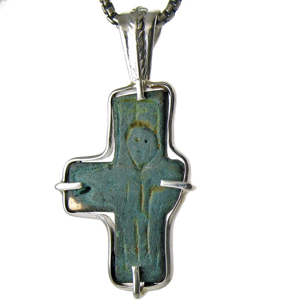 BYZANTINE CROSS, 8TH CENTURY: A Wonderful Natural Deep Green Patina Highlights This Crude Byazntine Cross Found With Other Artifacts And Coins That Date To The 8Th Century. This Cross Is Unusual In That The Maker Made A Crude Imag