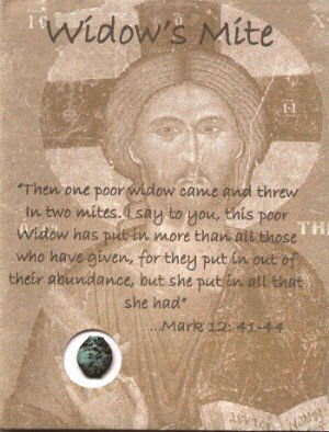 WIDOW MITE COIN IN DESCRIPTIVE BROCHURE: One Of The Most Famous Coins In History, The Widow`S Mite Was Mentioned By Jesus In Mark 12: 41-44. This Unset 2,000 Year Old Coin Was Used During The Time Of Christ For Daily Purchases. They Were Ver