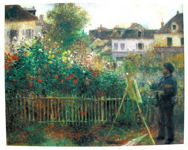 PIERRE AUGUSTE RENOIR MONET PAINTING PLATE SIGNED: Pierre Auguste Renoir Lithograph Titled "Monet Painting In His Gardenat Argenteuil" (Year Of Original: 1873). Paper Size: 11" X 14", Image Size: 9" X 11". Printed On Thick Quality Paper Stock. Signed
