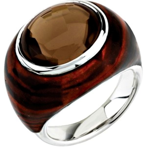 SMOKY QUARTZ IN TIGER PRINT ENAMEL RING: A Great "Fun" Ring, 8.50 Carat Smoky Quartz Is Faceted Underneath But Has A Smooth Buff Top. Custom Enamel Ring Has A Great Chocolate Tiger Print Design Over Sterling Silver. Metal: Sterling Silver - 