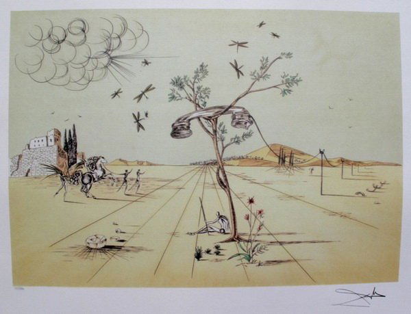 SALVADOR DALI DISEMBODIED TELEPHONE IN THE DESERT: This Is A Salvador Dali Lithograph Titled "Disembodied Telephone In The Desert". Made On Archival Quality Paper Numbered From An Edition Of 500. Image Measures 15½" X 21½" On 21½" X 25½" Paper. In