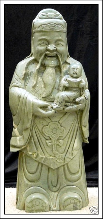 LARGE JADE STANDING FORTUNE GOD: LARGE JADE STANDING FORTUNE GOD - This Is The Fortune God, One Of The 3 Wise Men. Also Called "Loo". It Is The Famous Ancient Chinese God Believed To Bring You Good Fortune. The Entire Art Work Is Car