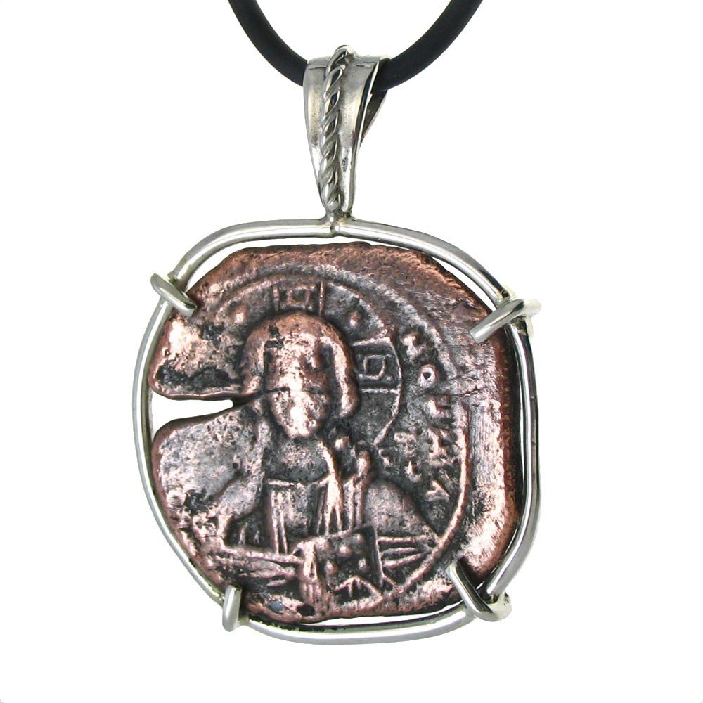 JESUS CHRIST ON BRONZE FOLLIS COIN: This Ancient Coin Pendant Features A Bronze "Follis", The Common Coin Used By The General Population In The Byzantine Empire For Their Daily Purchases. Minted From 400-1000 A.D., This Coin Features Th