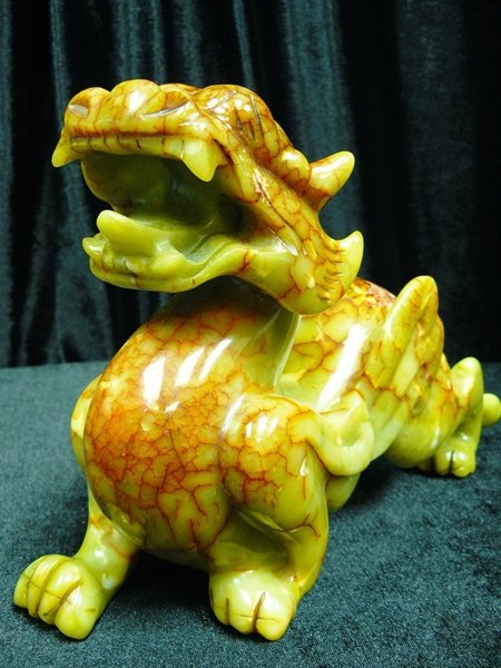 NATURAL JADE PIXIU/KYLIN/ANCIENT DRAGON: NATURAL JADE PIXIU/KYLIN/ANCIENT DRAGON - This Is An Ancient Chinese Creature Named Pixiu Or Kylin. It Is Made From One Solid Piece Of Jade. It Appears Light Green, Dark Green, Antique Brown With Some