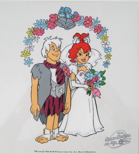 FLINTSTONES PEBBLES AND BAM BAM'S WEDDING ANIMAT: Rare, Sold Out, Limited Edition Sericel Entitled "Pebbles And Bamm-Bamm'S Wedding". This Cel Measures 8.5" X 8" And Bears The Hnna Barbera Authenticity Seal In The Bottom Right Corner. This Cel Includ