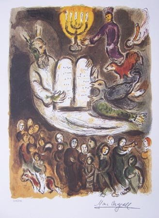 MARC CHAGALL MOSES SHOWS THE ELDERS THE TABLETS O: Marc Chagall Lithograph Titled "Moses Shows The Elders The Tablets Of The Law." This Is Facsimile Signed And Pencil Numbered From A Limited Edition Of 500. Image Measures 18" X 13" On 22" X 17" Paper.