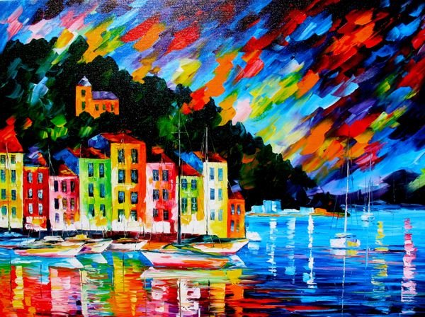 LEONID AFREMOV PORTOFINO HARBOR LIMITED ED. HAND : This Is A Limited Edition Original Hand Signed Giclee On Canvas By Leonid Afremov Titled “Portofino Harbor”. This Giclee Is Hand Signed By The Artist. This Subject Is Numbered 401/495. Image Size 