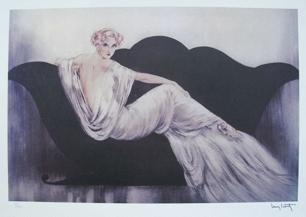 LOUIS ICART LOVESEAT LIMITED ED.: Louis Icart Giclee Titled "Loveseat" (Year Of Original —1937). This Subject Is Plate Signed On The Lower Right. Publisher: Paris Editions. Pencil Numbered From An Edition Of 175. Paper Measures 18"