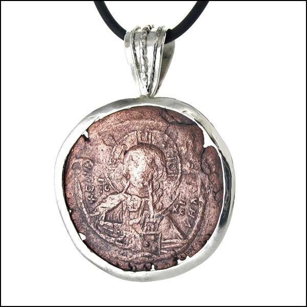 GHOSTLY IMAGE OF CHRIST ON 1,000 YEAR OLD COIN: This Ancient Coin Pendant Features A Bronze "Follis", The Common Coin Used By The General Population In The Byzantine Empire For Their Daily Purchases. Minted From 400-1000 A.D., This Coin Features A 