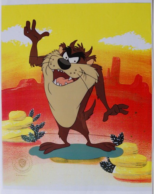 WARNER BROS TAZ TAZMANIAN DEVIL ORIGINAL SERICEL: Limited Edition Sericel Of Warner Bros Looney Tunes Taz The Tazmanian Devil. This Fantastic Animation Features A Taz Hand—Painted Cel As He Appeared In The 1970'S Cartoons. This Cel Measures 11 By 1