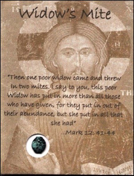 WIDOW MITE COIN IN DESCRIPTIVE BROCHURE: One Of The Most Famous Coins In History, The Widow`S Mite Was Mentioned By Jesus In Mark 12: 41-44. This Unset 2,000 Year Old Coin Was Used During The Time Of Christ For Daily Purchases. They Were Ver