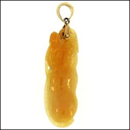 NATURAL YELLOW JADE PENDANT: Natural Yellow Jade Pendant - Lizard On Gourd Carving - 14K - Yellow GoldStone Size - 12X35 - This Is Guaranteed ‘A’ Jade: Natural, Untreated Jadeite Jade - Only Beeswax Is Used To Fill The Stone�