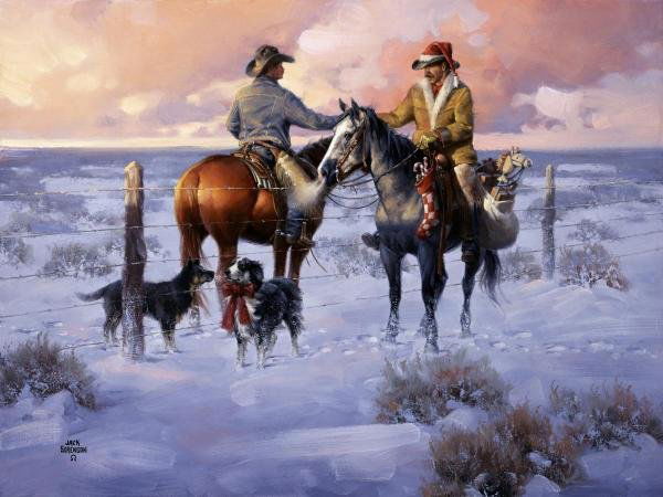 JACK SORENSON - SHARIN' CHRISTMAS WITH THE NEIGHB: Jack Sorenson - Sharin' Christmas With The Neighbors - Giclée On Canvas - 48 X 36 In.