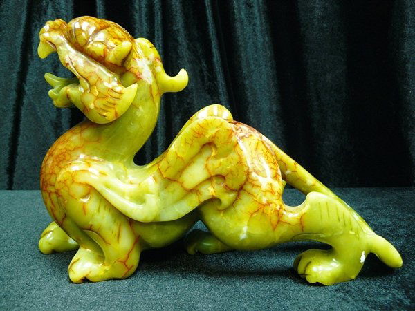 NATURAL JADE PIXIU/KYLIN/ANCIENT DRAGON: Natural Jade Pixiu/Kylin/Ancient Dragon - This Is An Ancient Chinese Creature Named Pixiu Or Kylin. It Is Made From One Solid Piece Of Jade. It Appears Light Green, Dark Green, Antique Brown With Some
