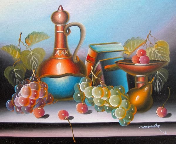 GRAPES AND WINE SIGNED ORIGINAL OIL PAINTING ON C: This Is A Hand Signed Original Painting By Robert Chandler Titled "Grapes And Wine". Beautiful Original Oil Painting On Canvas. Rich Vibrant Colors! Canvas Image Measures: 8.5" X 10". Comes Unframed, 