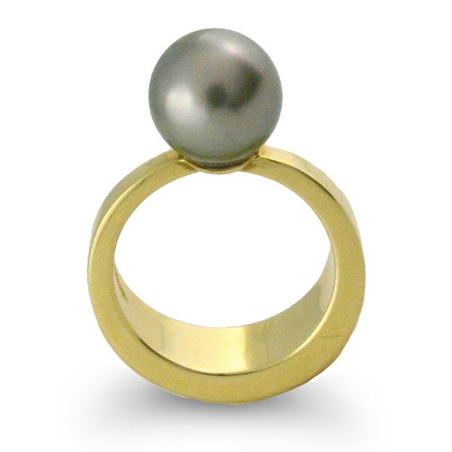 CONTEMPORARY 18KT TAHITIAN PEARL RING: Contemporary Ring Features 10Mm Natural Steel Gray Tahitian Pearl. Shank Is 7.5Mm Wide At Base Tapering To 2.5Mm Under The Pearl. This Is A One Of Kind Designer Ring. Metal: 18Kt Yellow Gold - 11 Gram