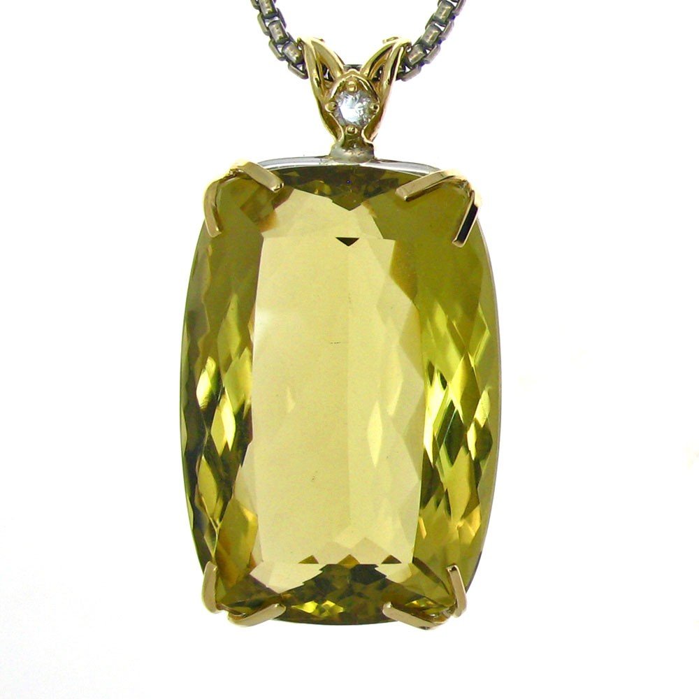 A HUGE LEMON QUARTZ FROM BRAZIL: Our Master Stone Cutter In Brazil Sent Us This Spectacular 57 Carat Lemon Quartz Which Our Goldsmith Has Set In A One Of A Kind Pendant Accented With A Diamond.. Measuring Over 1.5" Long, The Crystal 