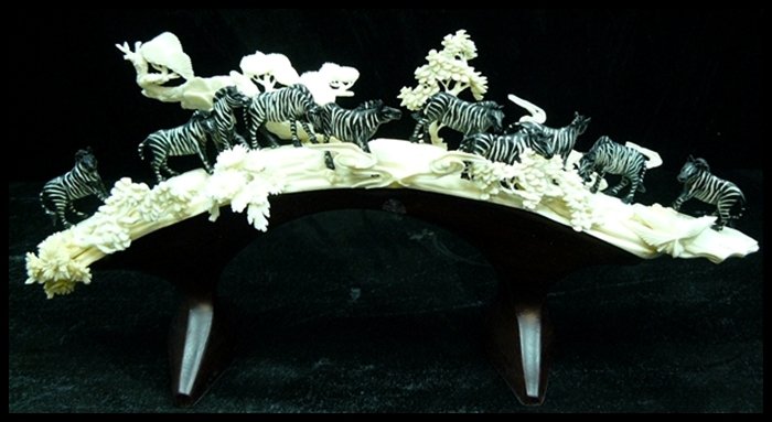 BONE ZEBRAS JUNGLE: Bone Zebras Jungle - This Beautiful Artwork Is Made From Bones. Zebras Are Carved In An Africa Jungle. It Is Hand Carved From Natural High Quality Bones. It Is Not Bone Powder, Resin Or Mouded. Very D