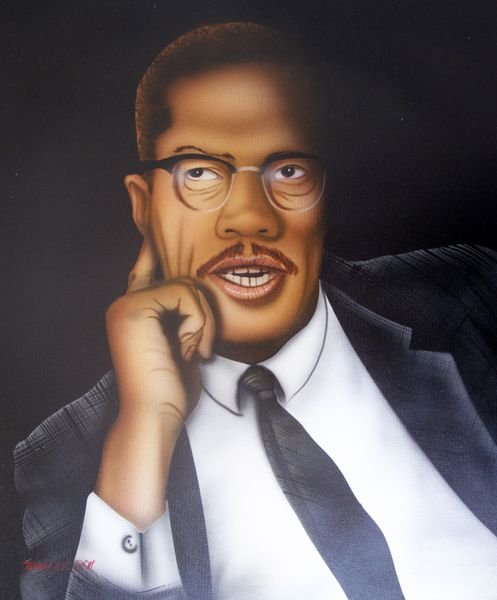MALCOLM X SIGNED ORIGINAL OIL PAINTING ON CANVAS: Hand Signed Original Painting By Terry Wilson Titled "Malcolm X". This Piece Depicts The 1999 Black Heritage Postage Stamp With The Same Image. Beautiful Original Oil Painting On Canvas. Canvas Image 
