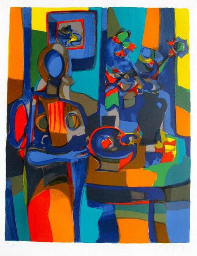 MARCEL MOULY WOMAN SEATED BESIDE TABLE HAND SIGNE: Marcel Mouly Woman Seated Beside Table Hand Signed Limited Ed. Lithographthis Is A Hand Signed Lithograph By Marcel Mouly Titled "Woman Seated Beside Table With Vase". Publishes In 1980. Made On Archi
