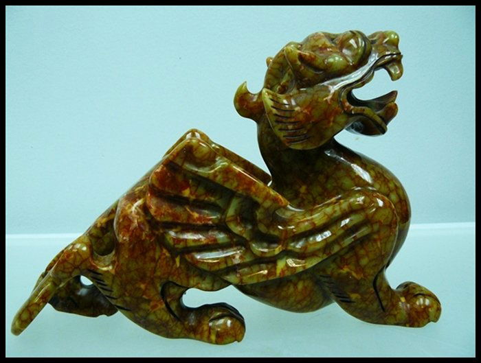NATURAL JADE PIXIU/KYLIN/ANCIENT DRAGON: Natural Jade Pixiu/Kylin/Ancient Dragon - This Is An Ancient Chinese Creature Named Pixiu Or Kylin. It Is Made From One Solid Piece Of Jade. It Appears Light Green, Dark Green, Antique Brown With Some