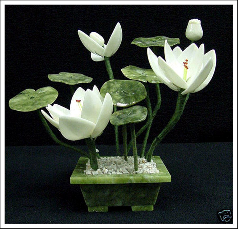 REAL WHITE JADE LOTUS: Real White Jade Lotus - The Beautiful Lotus Flower Made From Genuine Jade In Guangzhou, China. Its Leaf Is Made Of Taiwan Jade And Its Stem Is Made Of Wire Covered With Silk. It Is An Ideal Decoration