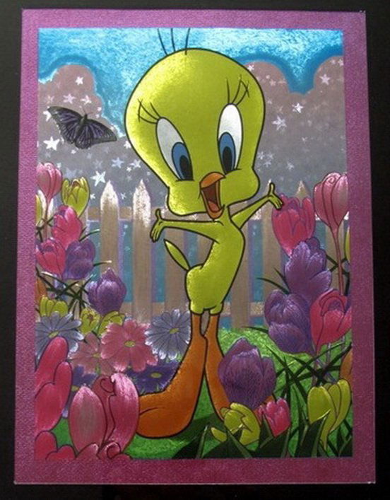 LOONEY TUNES TWEETY BIRD IN THE GARDEN FRAMED FOI: Looney Tunes Tweety Bird In The Garden Framed Foil Artthis Is A Warner Bros Looney Tunes Framed Foil Art Of Tweety Bird. This Fantastic Animation Features Tweety As He Appeared In The 1970'S Cartoons.